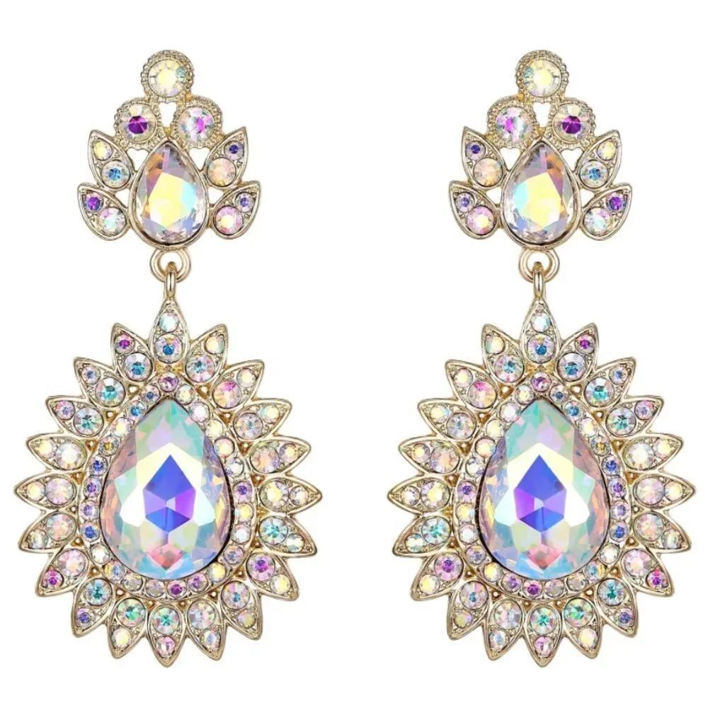 Yellow Gold with Iridescent AB Crystal Art Deco Chandelier Dangling Earrings